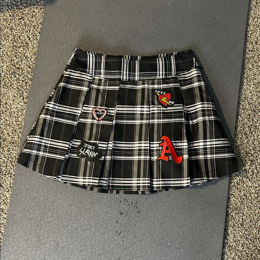 No Boundaries Black Plaid Skirt with Embroidered Accents